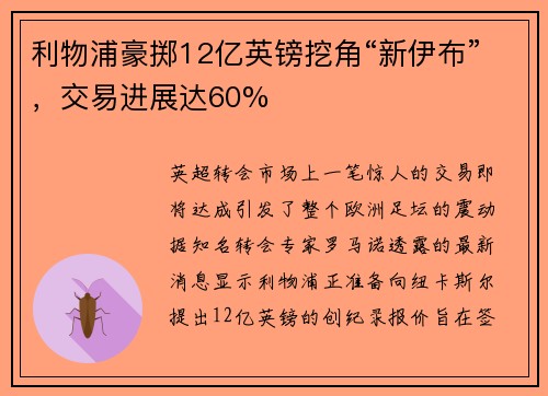 利物浦豪掷12亿英镑挖角“新伊布”,交易进展达60% 利物浦豪掷12亿英镑挖角“新伊布”,交易进展达60%