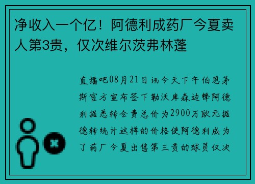 净收入一个亿!阿德利成药厂今夏卖人第3贵,仅次维尔茨弗林蓬 净收入一个亿!阿德利成药厂今夏卖人第3贵,仅次维尔茨弗林蓬